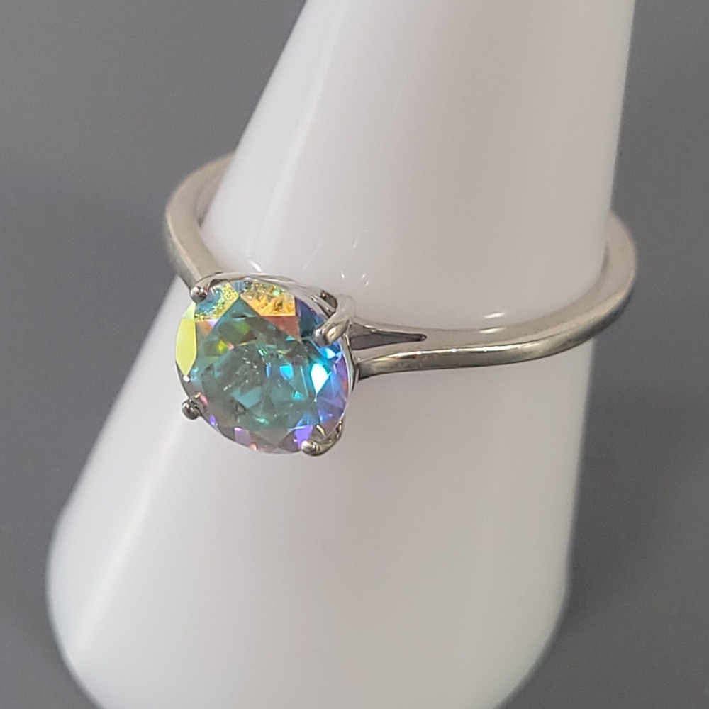D'Joy Sterling Silver‎ Ring Mystic Quartz 925 Round Iridescent Solitaire Sz 8.75